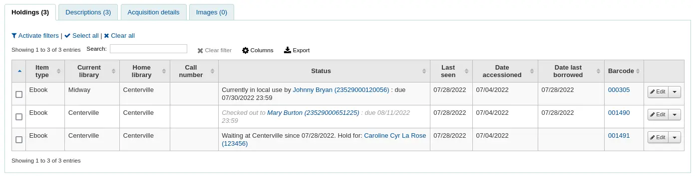 Item table in a record detail page showing which items are checked out and to whom