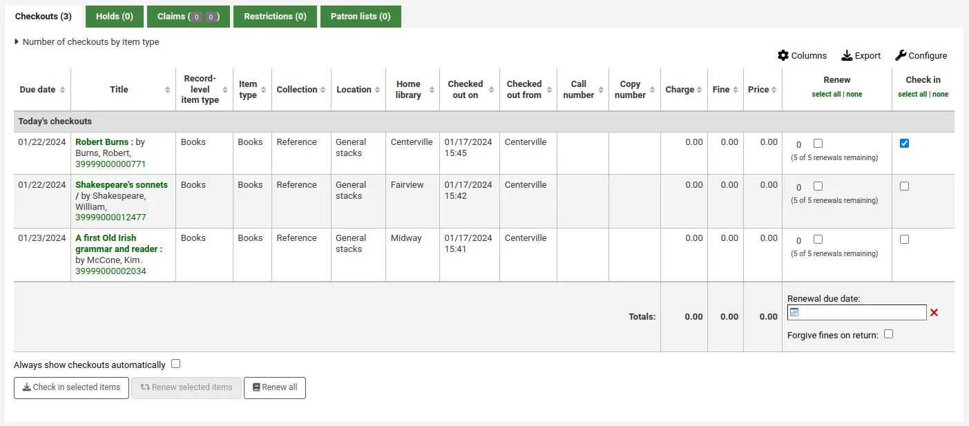 Issues table (circulation summary) in the patron file, the checkbox in the 'Check in' column is checked for one of the items, and at the bottom, the 'Check in selected items' button is enabled