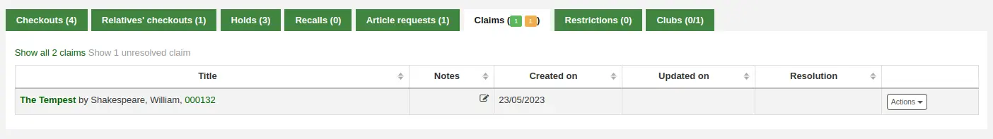 Patron's claims tab