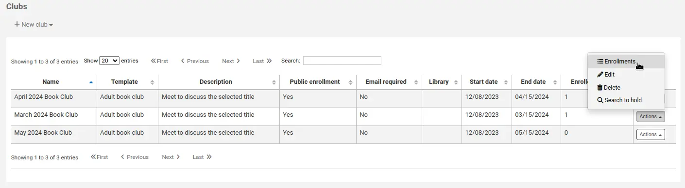 The list of clubs, the Actions button next to one of the clubs is pressed and the mouse cursor is on the Enrollments option