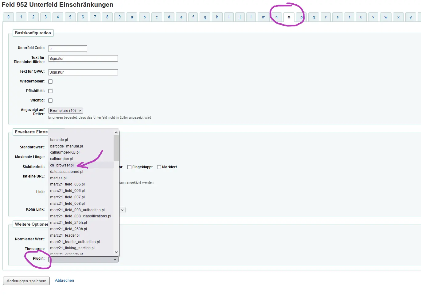 Signaturenbrowser in Unterfeld o von Feld 952 anschließen