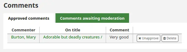 List of comments to approved with action buttons