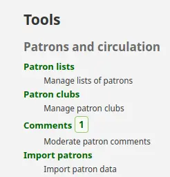 View of alert that there are comments wainting on Koha tools page
