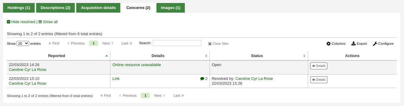 The Concerns tab of a bibliographic record in the staff interface, it contains a table with the concerns reported for this record