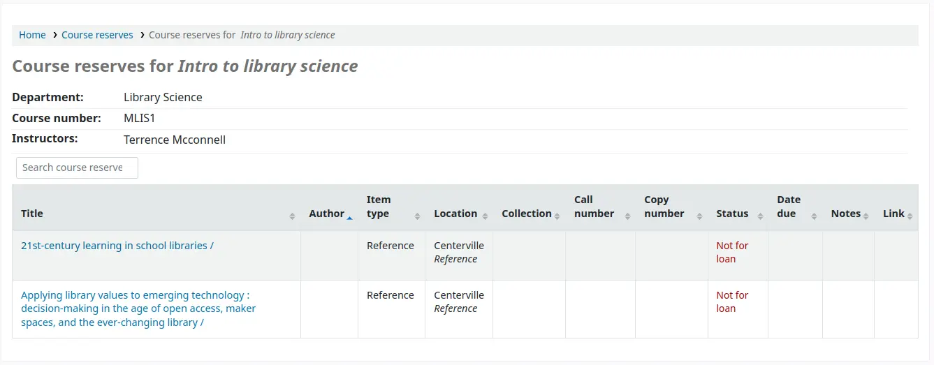 Course detail page in the OPAC, showing the course details and reserve materials