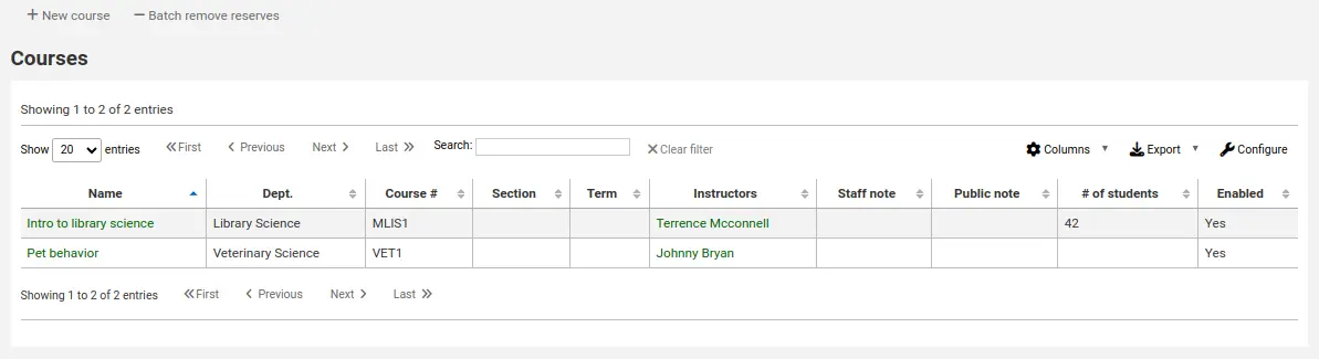 Courses pages, with two courses