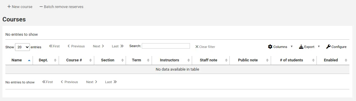 Courses page, no courses