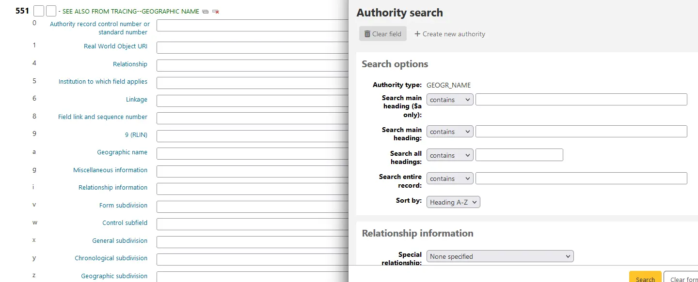Screenshot of an authority record showing the MARC21 field 551 after opening the authority search by clicking on the tag editor