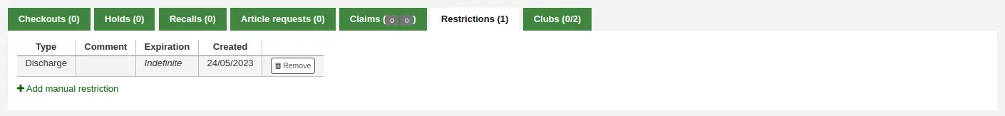 Restrictions tab in the patron's record showing a discharge restriction