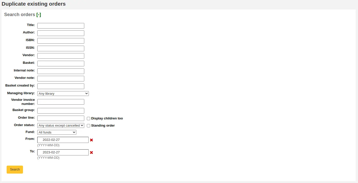 Order search for duplicating orders