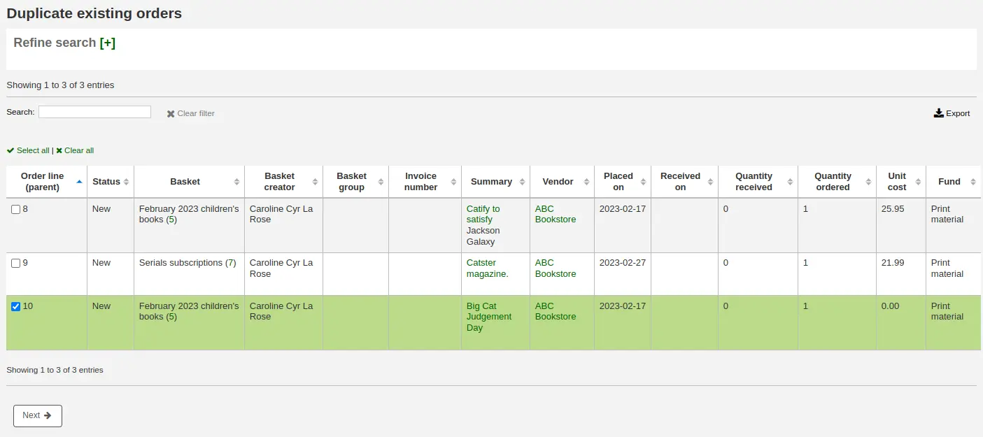 Order search results for duplicating orders