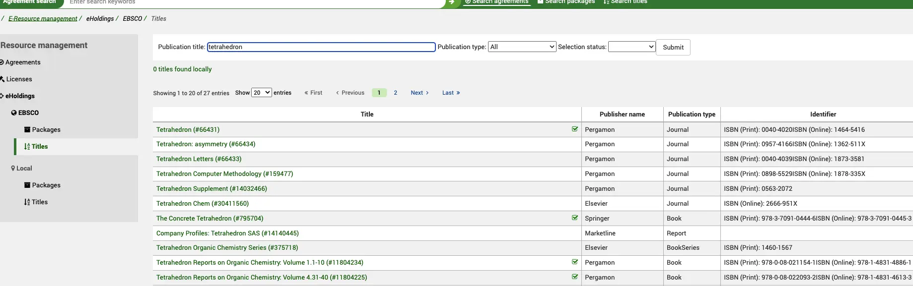 EBSCO Titles page, showing 'tetrahedron' in the Publication title field of the search box and a list of results underneath.