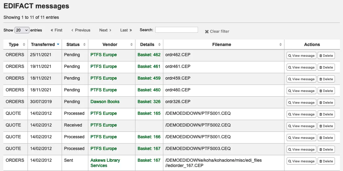 List of EDIFACT messages sent and received