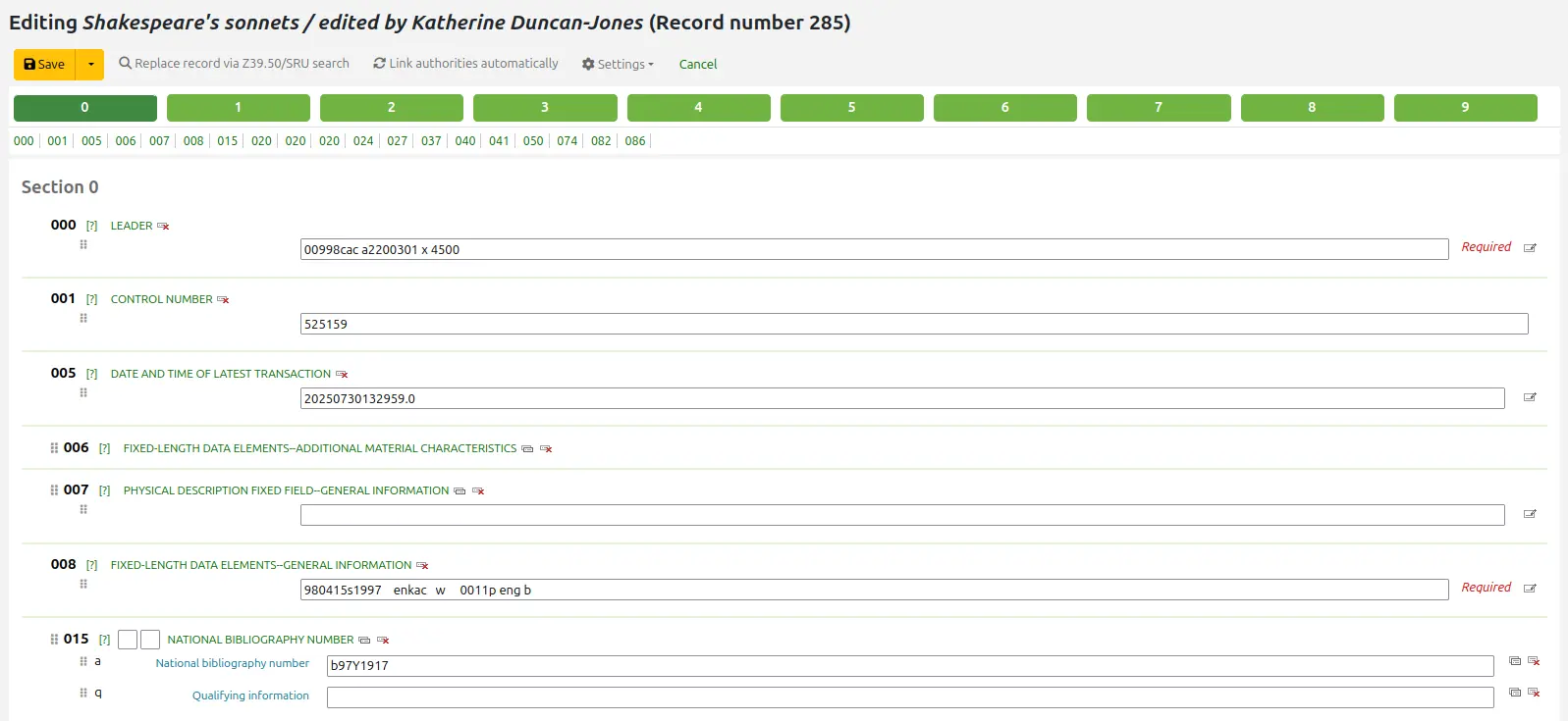 Record open in the basic cataloging editor