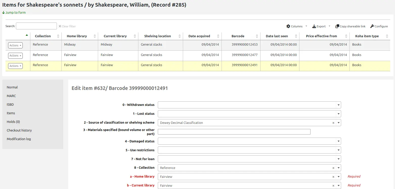 Manage items page, one of the items is hightlighted in the table at the top of the page and its informations are in the edit item form.