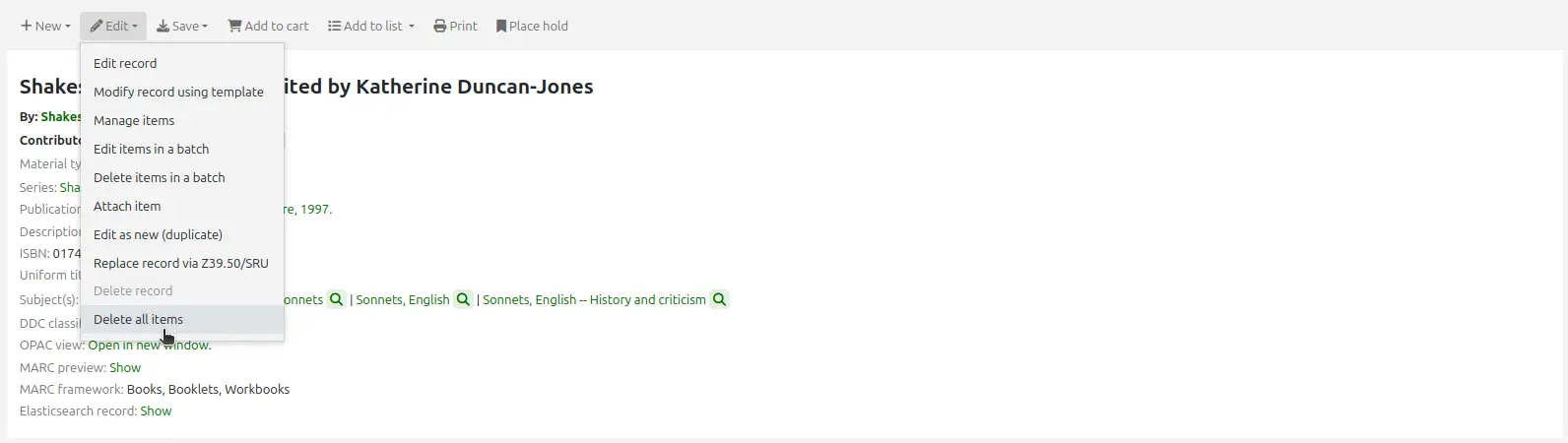 The Edit menu in a bibliographic record, the mouse cursor is on the 'Delete all items' option