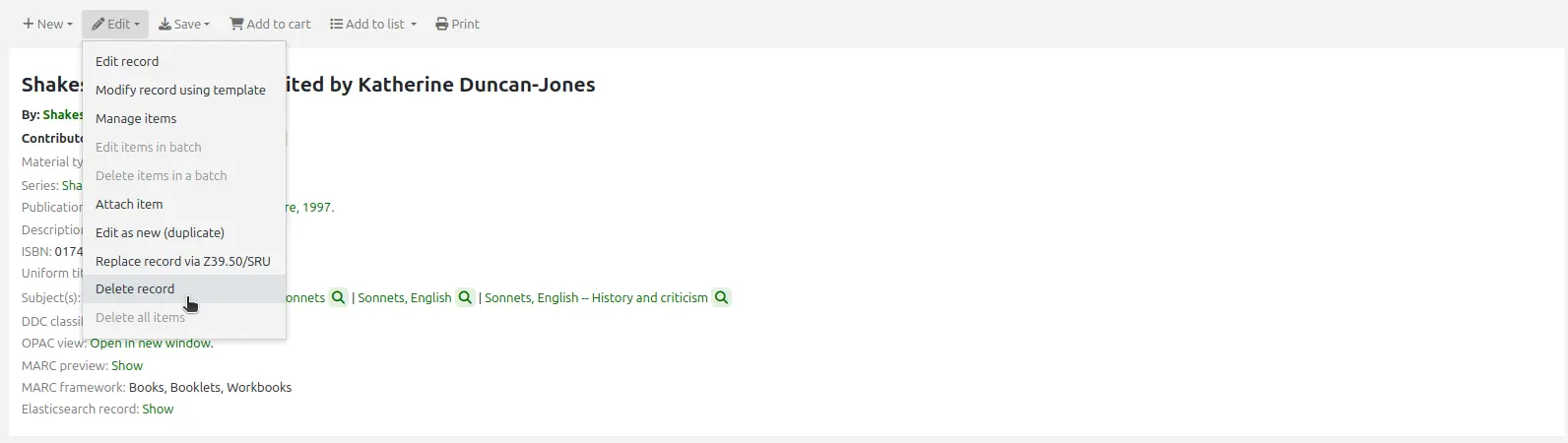 The Edit menu in a bibliographic record, the mouse cursor is on the 'Delete record' option