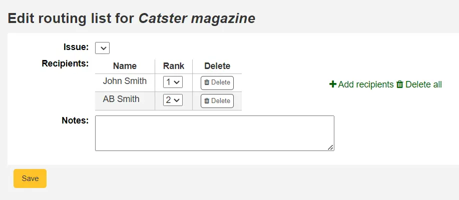 Editing routing list form