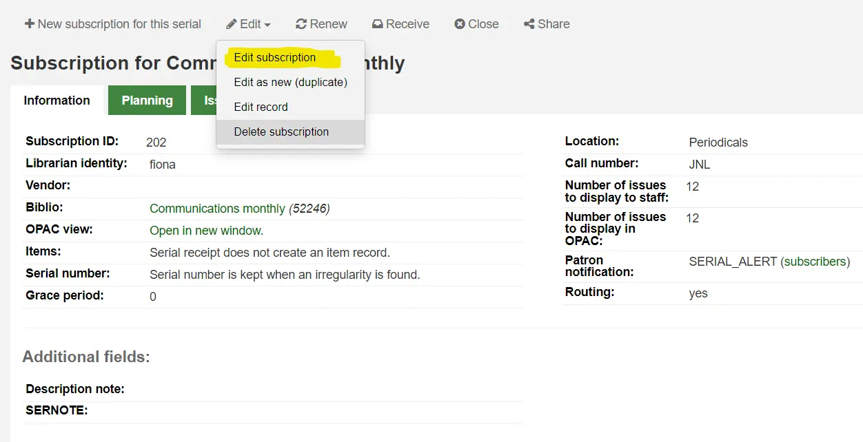The Edit subscription option under the Edit button in the subscription details page