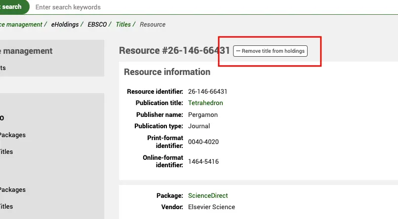 Resource information view, with the focus on the 'Remove title from holdings' button