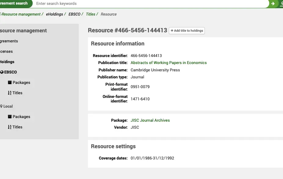 Resource information view, showing the title, publisher name, package, vendor and other details.
