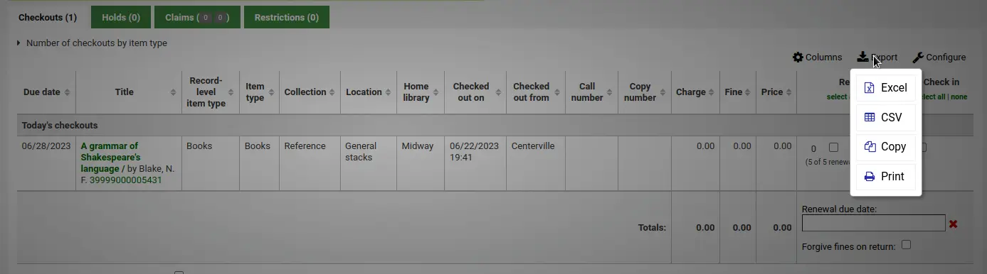 Checkouts table in a patron's account, the table's export options are open (Excel, CSV, copy or print)