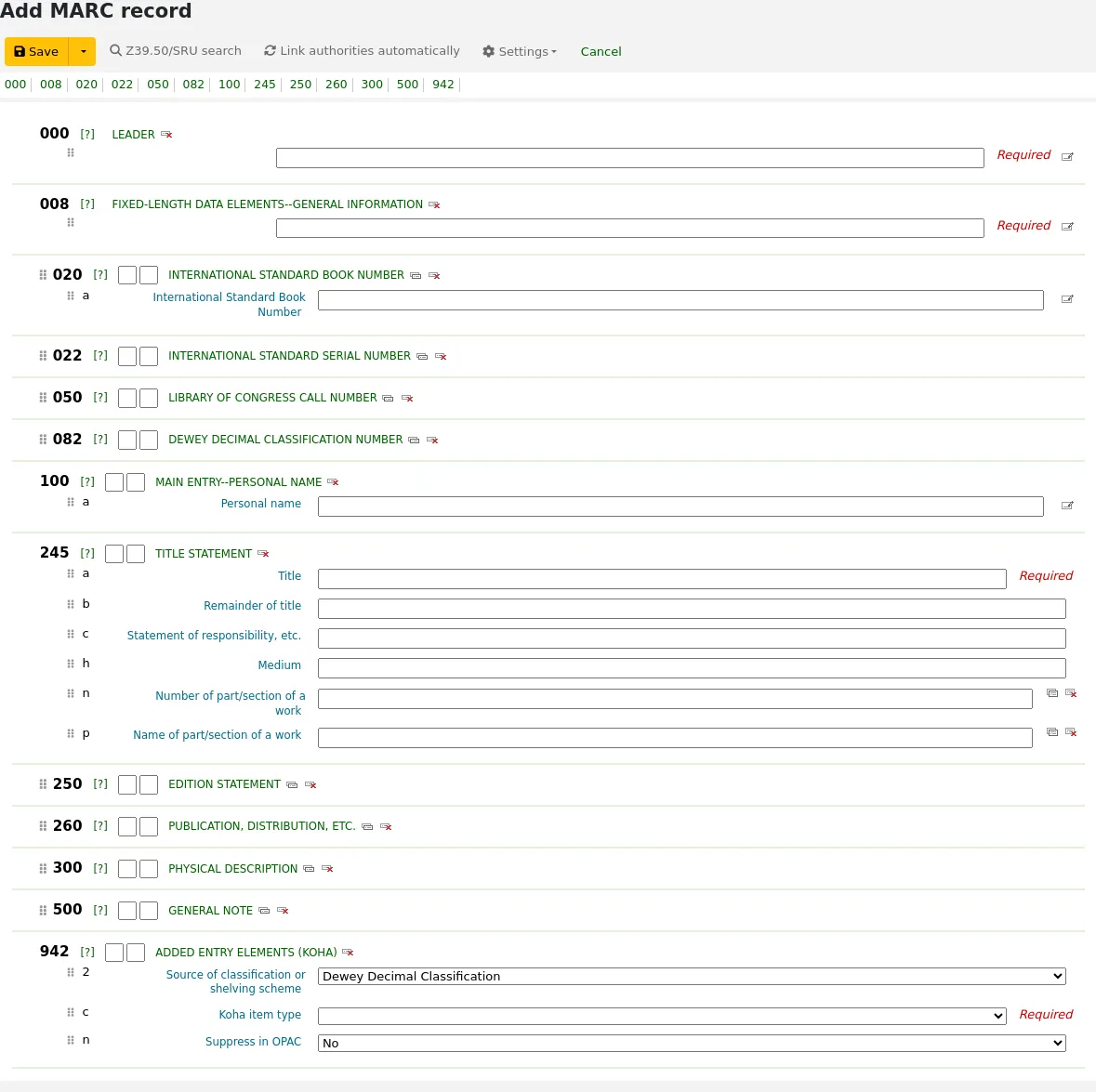 Basic cataloging editor open with the Fast cataloging framework
