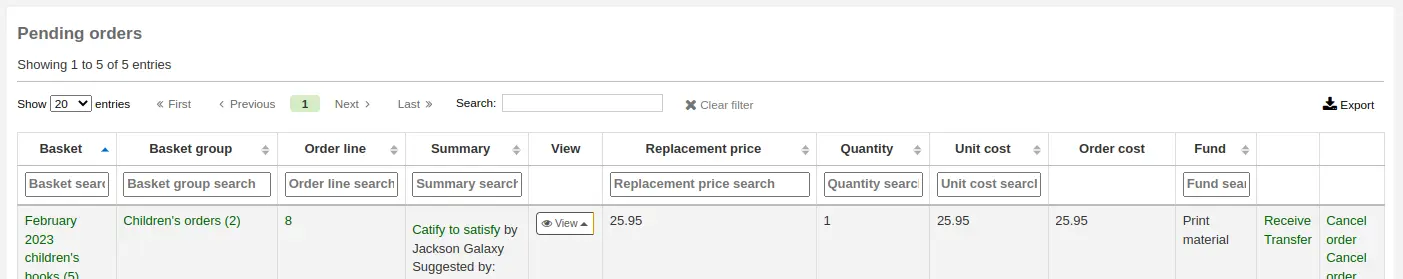 At the top of the pending orders table, there are search fields