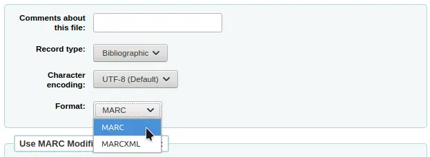 Dropdown list of available formats: MARC or MARCXML