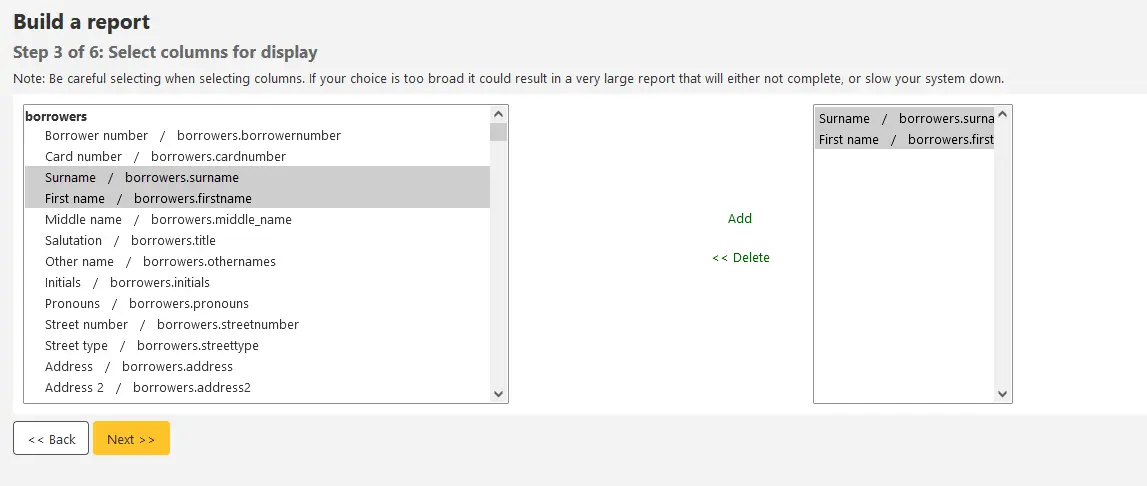 Third step of creating a guided report - select columns for display