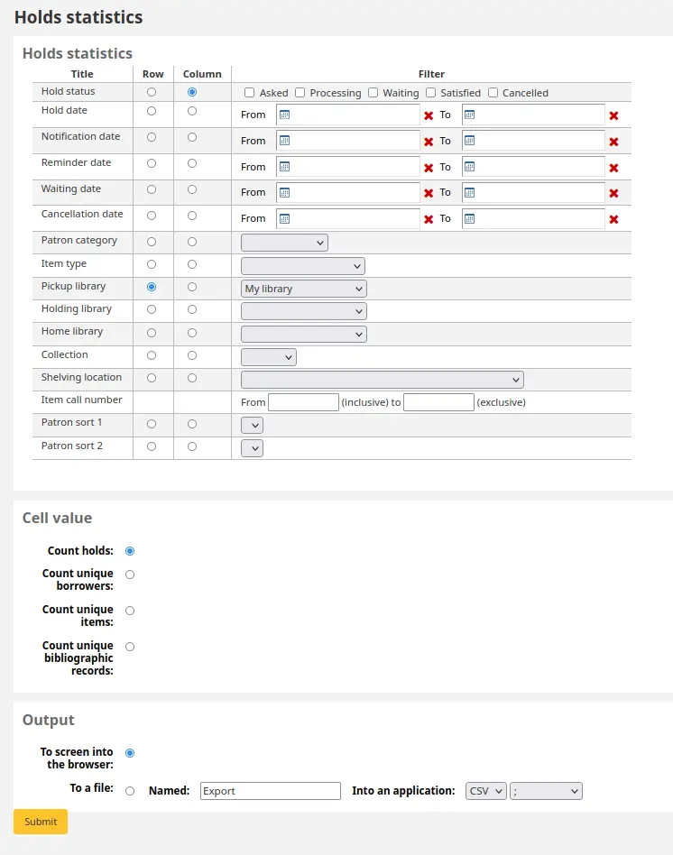 Form for holds statistics