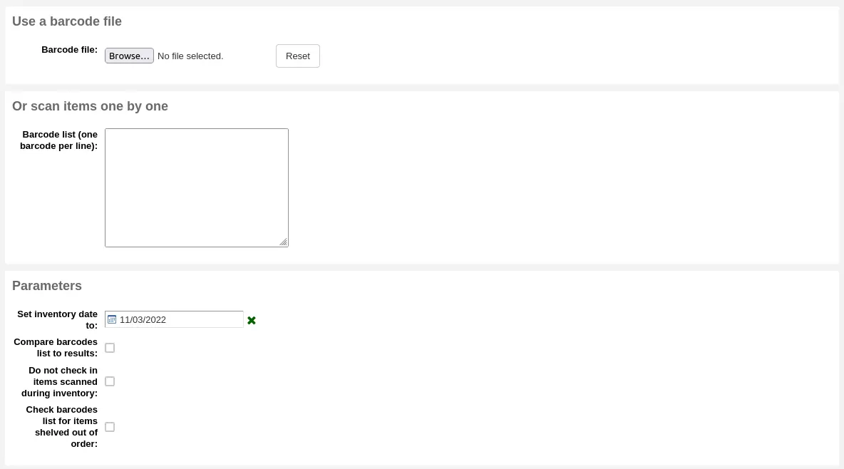The inventory form, the sections Use a barcode file, Or scan items one by one, and Parameters