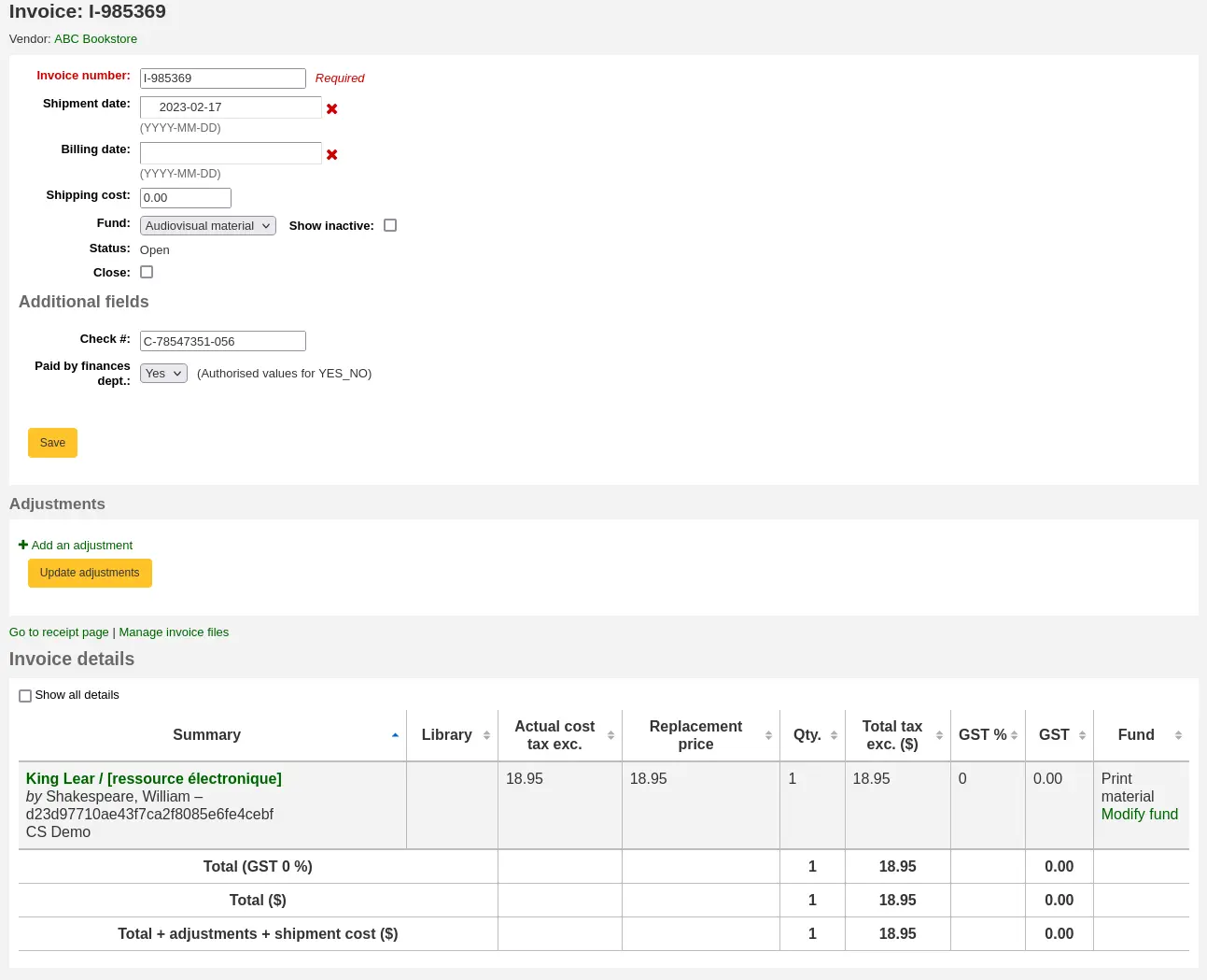 Detailed invoice page, with additional fields and AcqEnableFiles enabled