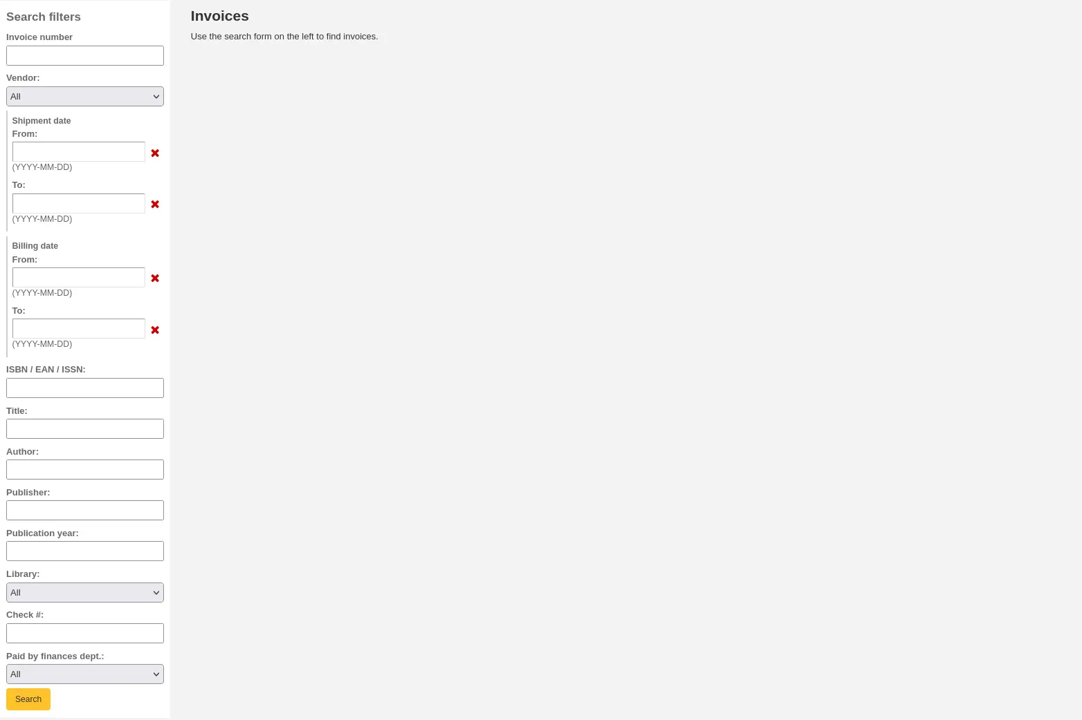 Invoice search form, additional fields that are searchable are available in this search