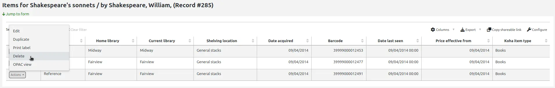 Manage items page, the 'Actions' button next to an item is open and the options are Edit, Duplicate, Print label, Delete, and OPAC view. The mouse cursor is over the Delete option.