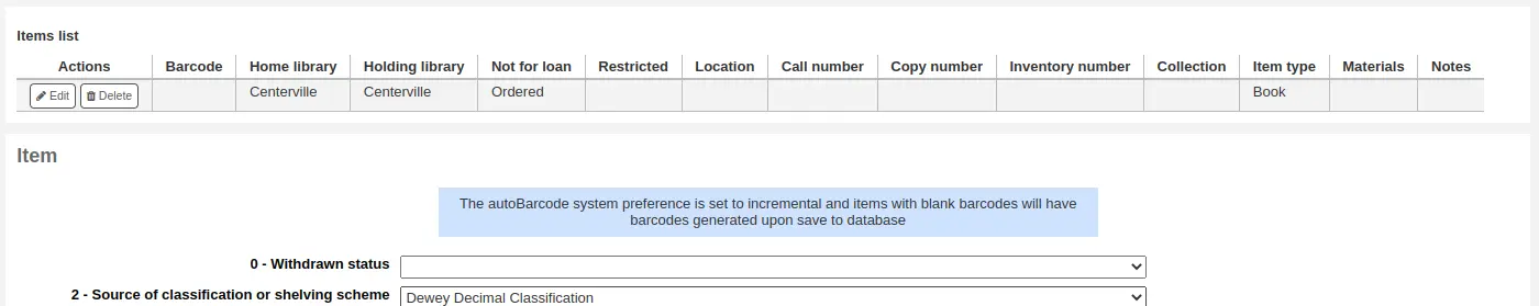 Table with added item information above an empty new item form