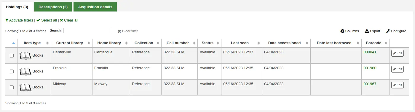 Holdings table in a detailed record