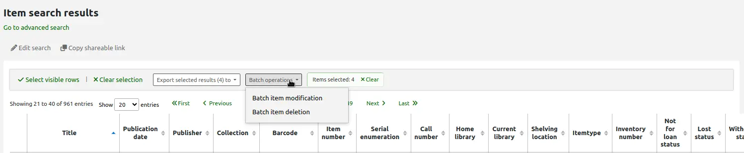 Top of the item search results page, the mouse cursor is on the 'Batch operations' button, the options are 'Batch item modification' and 'Batch item deletion'