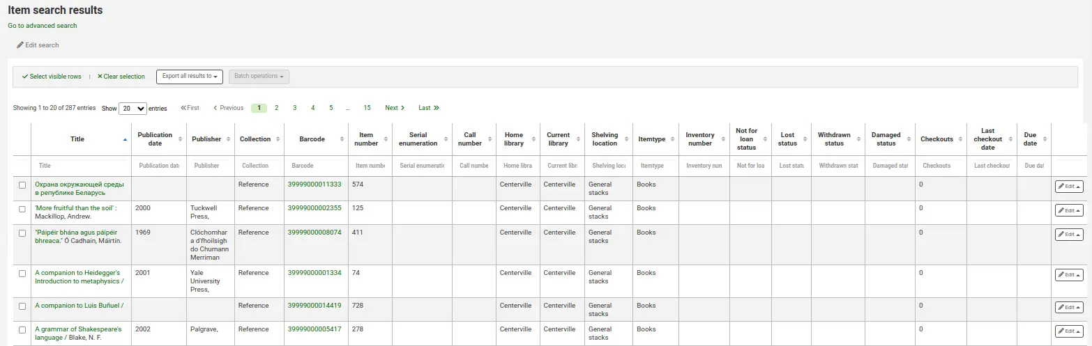 Table with the item search results