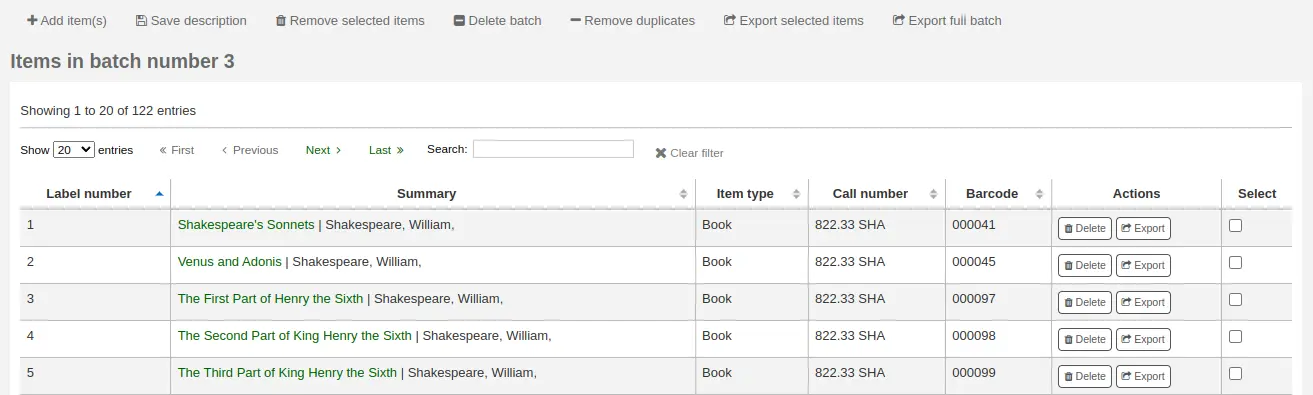 Table showing items in a label batch