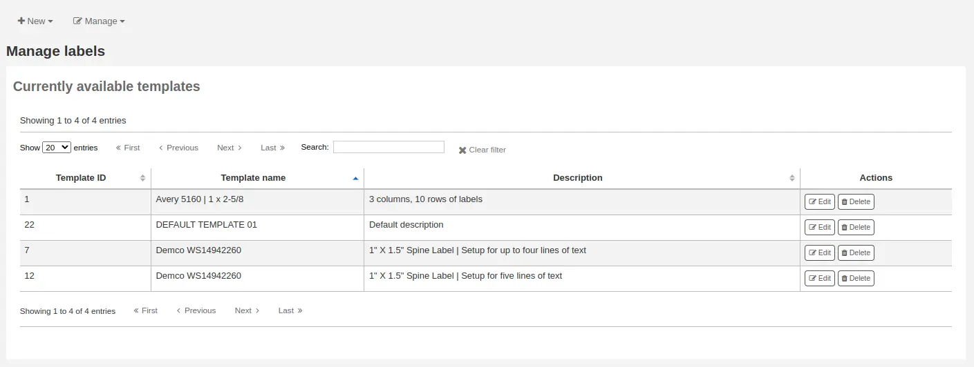 Table of currently available templates