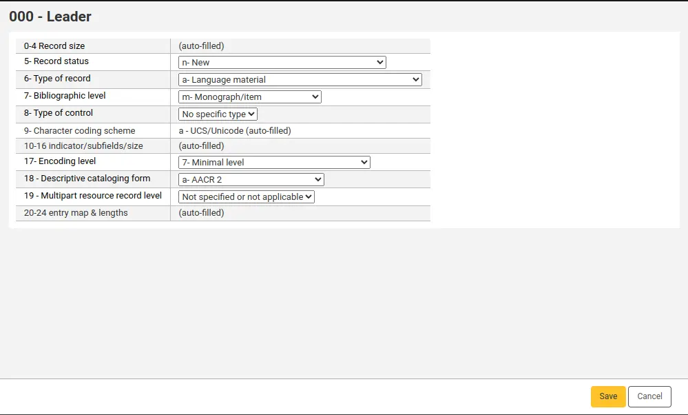 MARC21 leader value builder for bibliographic records