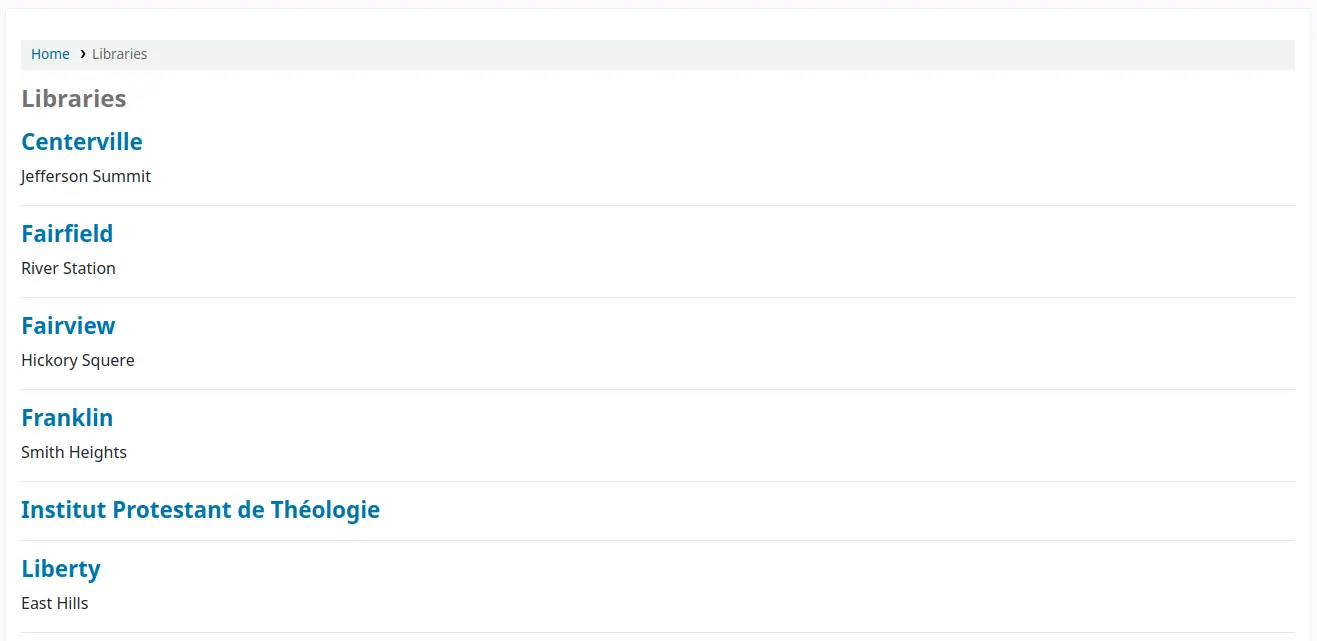 Libraries page in the opac