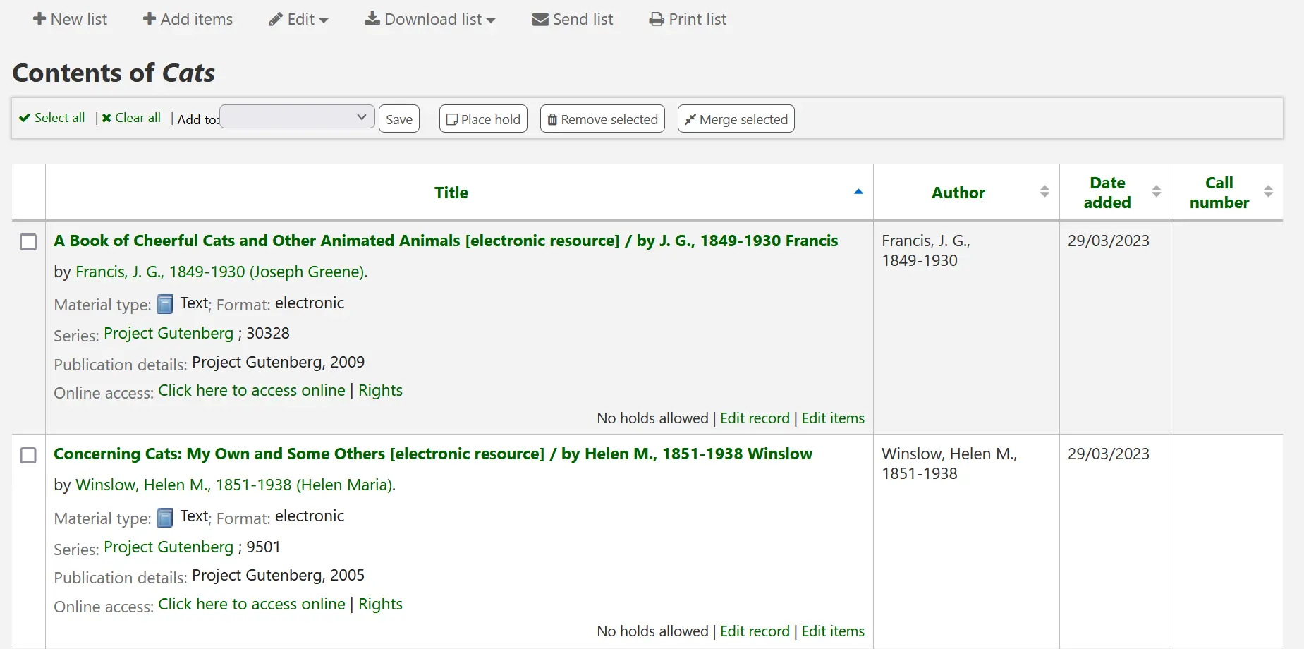 View of contents of a list showing titles and functions