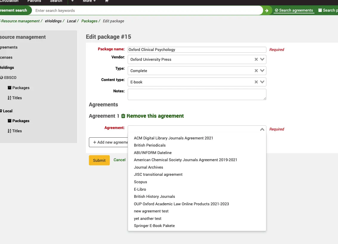 Form to edit a package, showing details such as package name, vendor, package type, content type and notes. In the Agreements section at the bottom, the Agreement field dropdown is open, showing a list of existing agreements.
