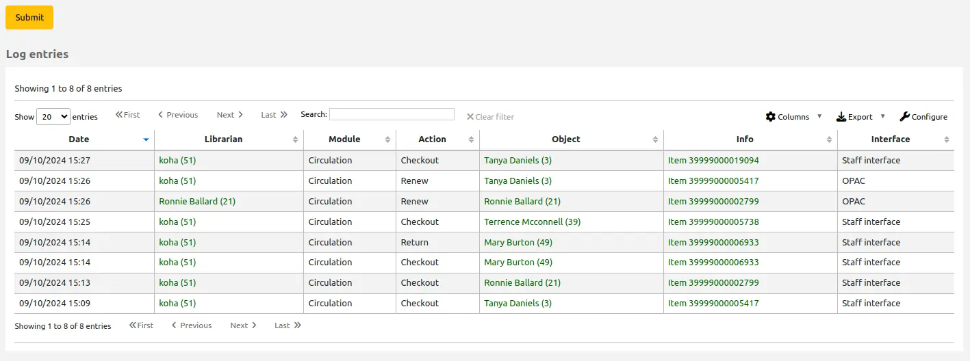 Log viewer results table