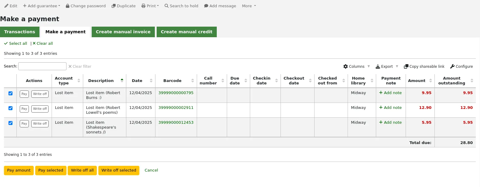 Make a payment tab in the patron's accounting section