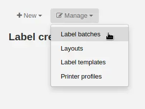 'Manage' menu in the label creator page is opened and the mouse cursor is on the 'Label batches' option