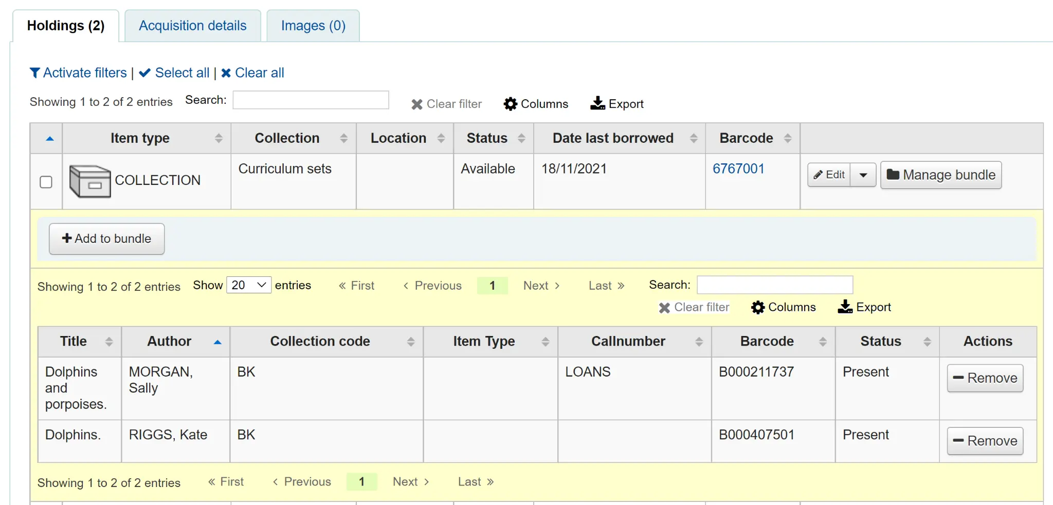 A section to manage the bundle is open under the bundle item, showing the attached items