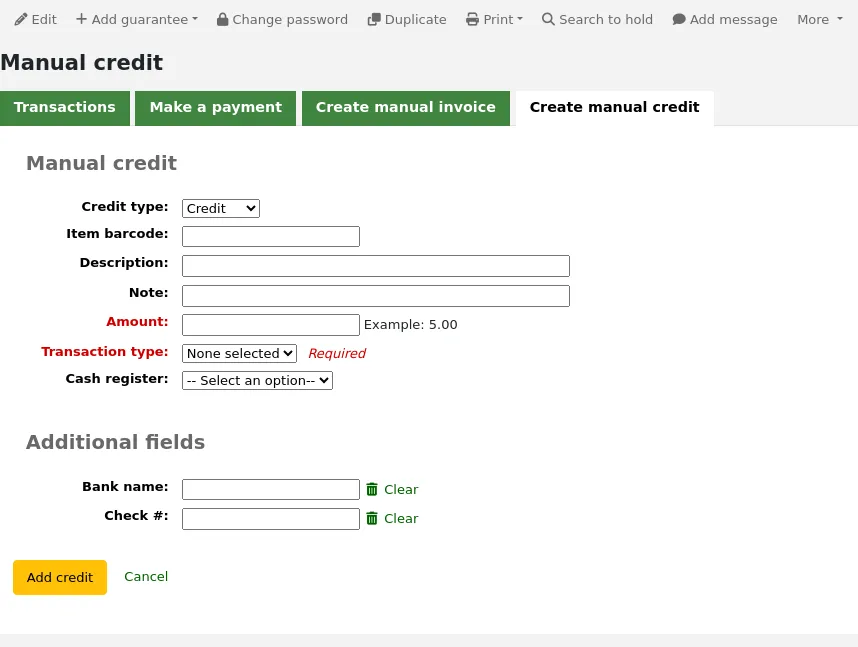 Create a manual credit form